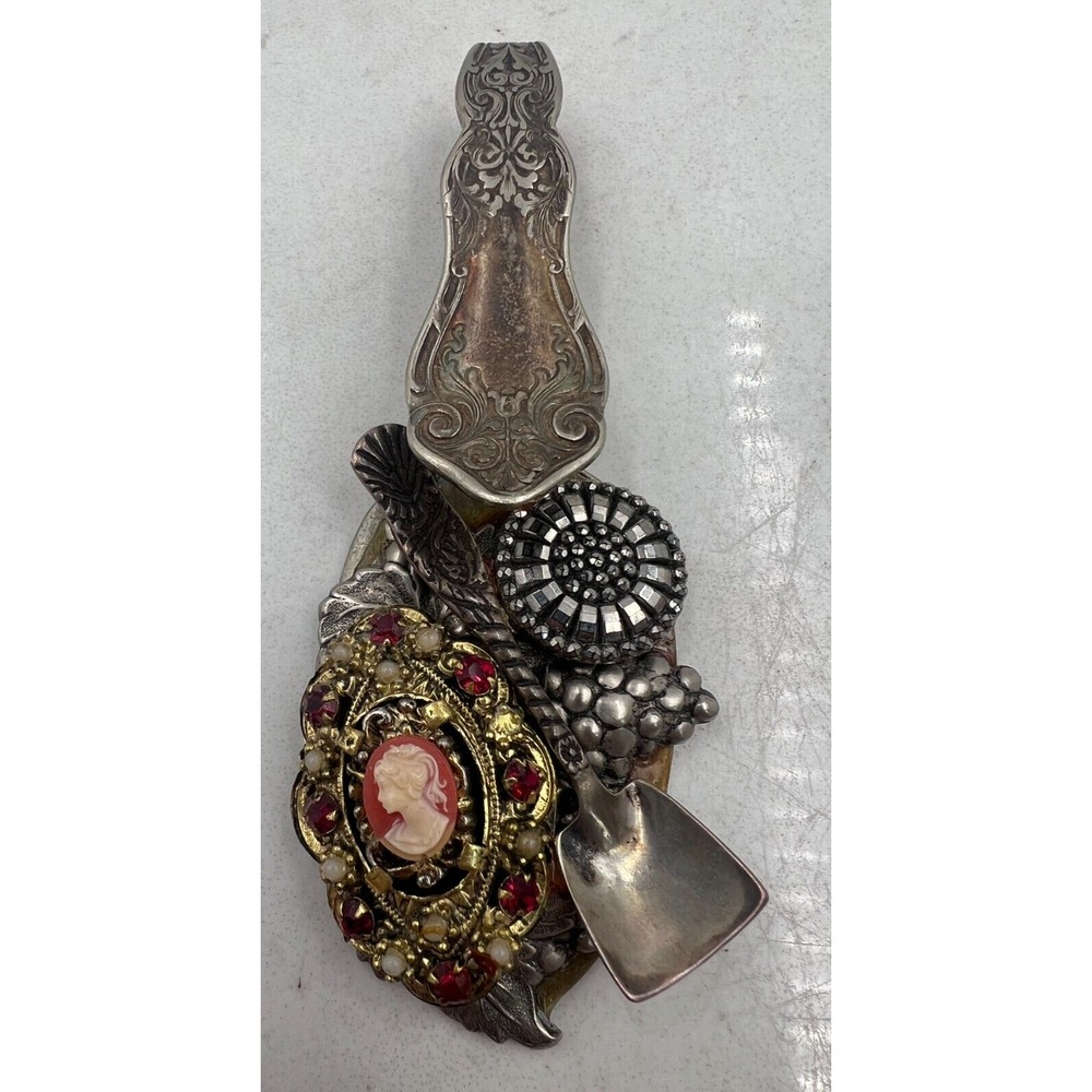 Vintage Mixed Metal Assemblage Brooch Cameo Spoon Steampunk Statement Pin 4"